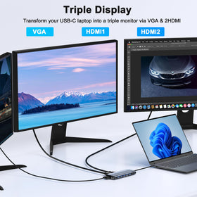 Aoyvsktv USB C Docking Station provides gigabit Ethernet for stable wired networks.