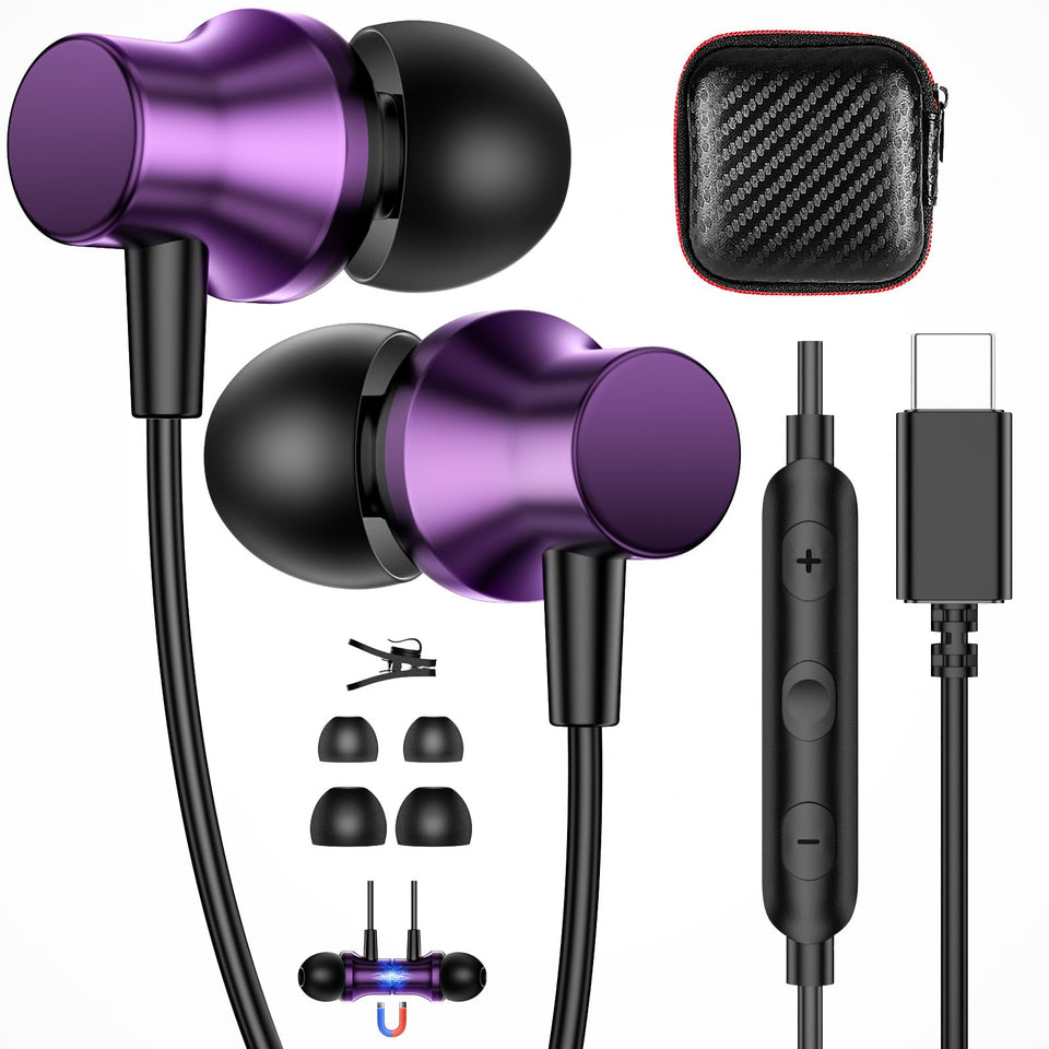 APETOO purple front packaging showing earbuds and case, highlights portability