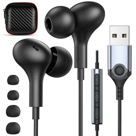 APETOO front view of USB headphones showing compact design and plug-and-play benefit