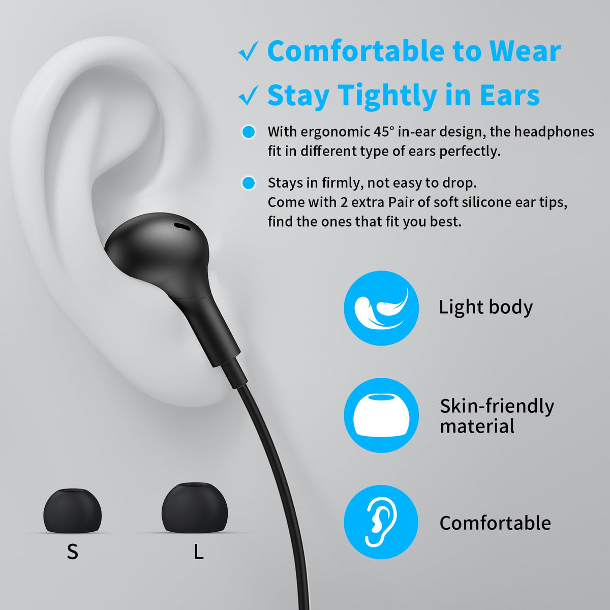 APETOO USB-C headphones with soft silicone tips for comfortable extended wear.