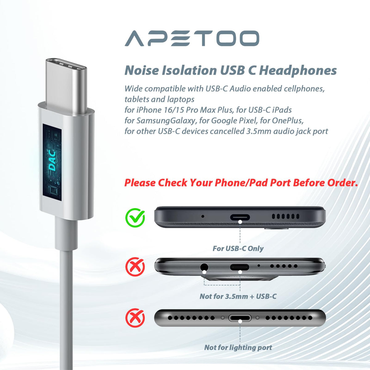 APETOO USB-C headphones broad compatibility with iPhone, Samsung, Pixel
