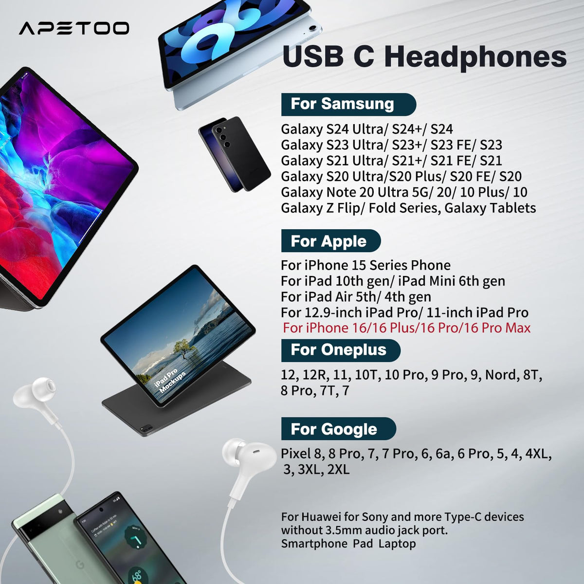 APETOO USB-C headphones offer wide compatibility with many devices
