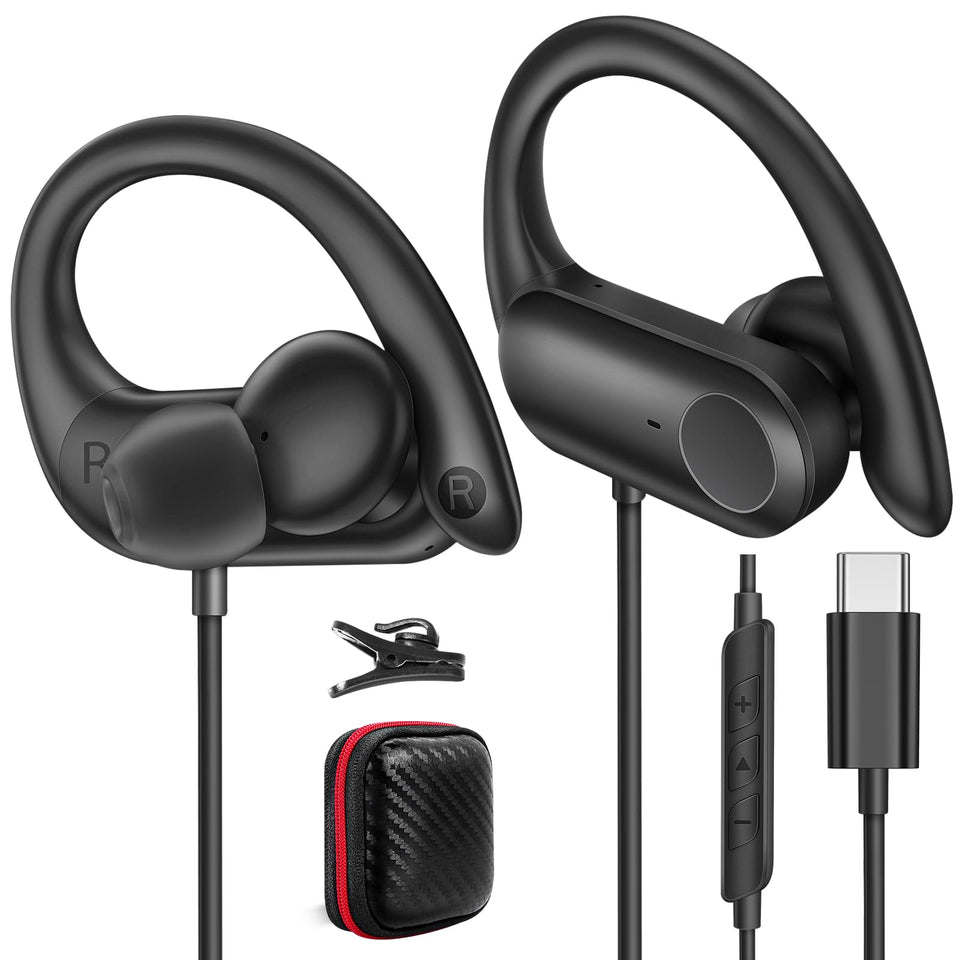 APETOO USB-C headphones with earhook mic provide secure fit for active workouts.