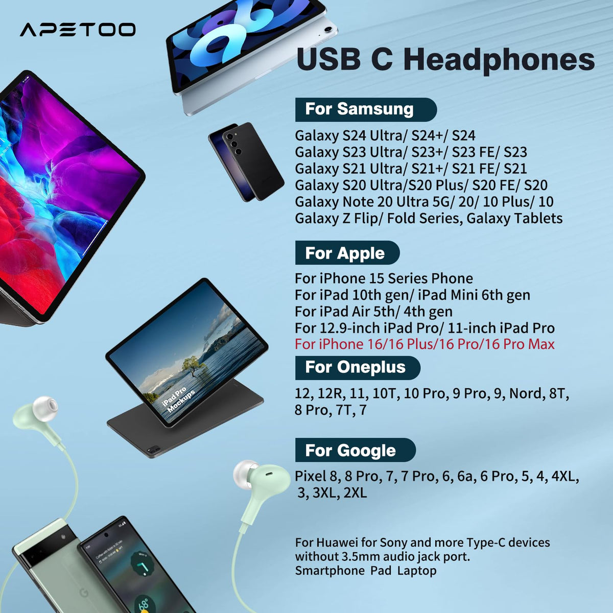 APETOO USB-C headphones extra tips for secure seal