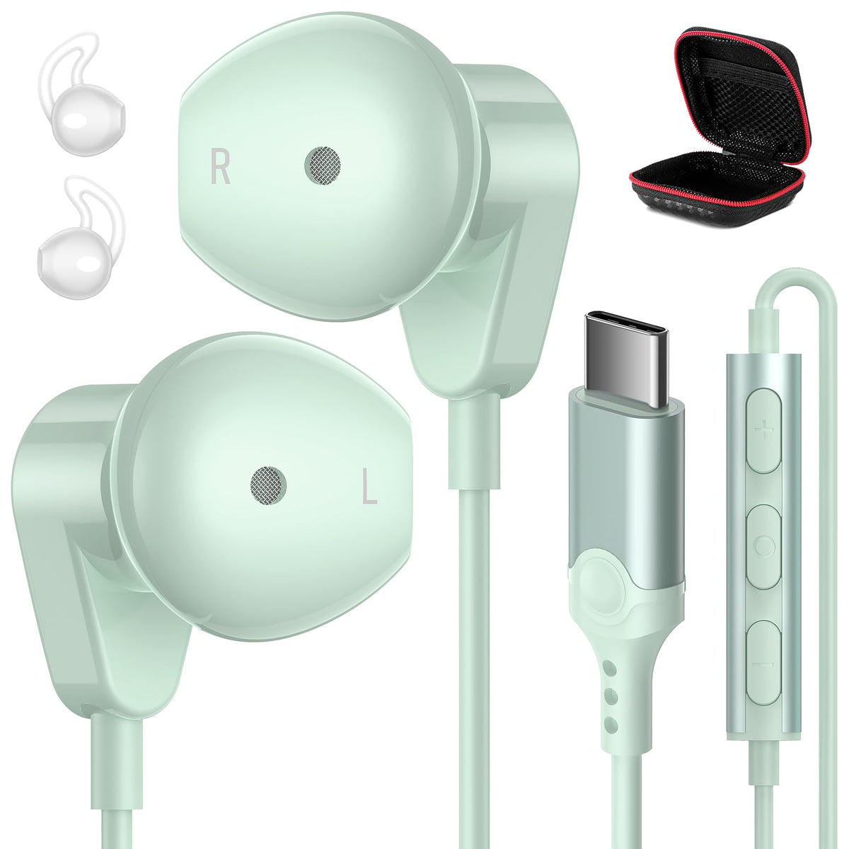 APETOO mint green USB-C headphones close-up showing crisp HiFi sound detail
