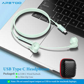 APETOO USB-C headphones in use for calls and gaming with in-line mic