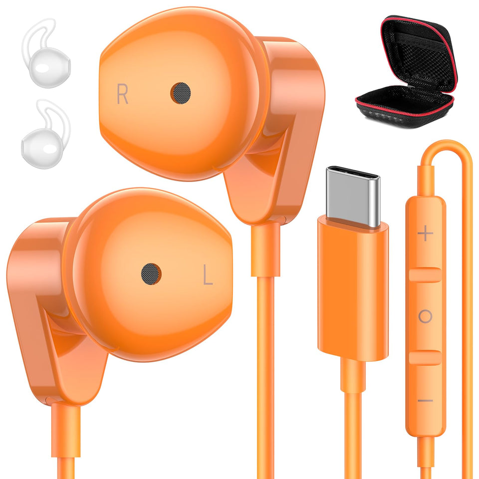 APETOO USB-C headphones orange, front view, compact design for portable listening