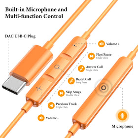 APETOO USB-C headphones orange with mic and inline remote for calls and control