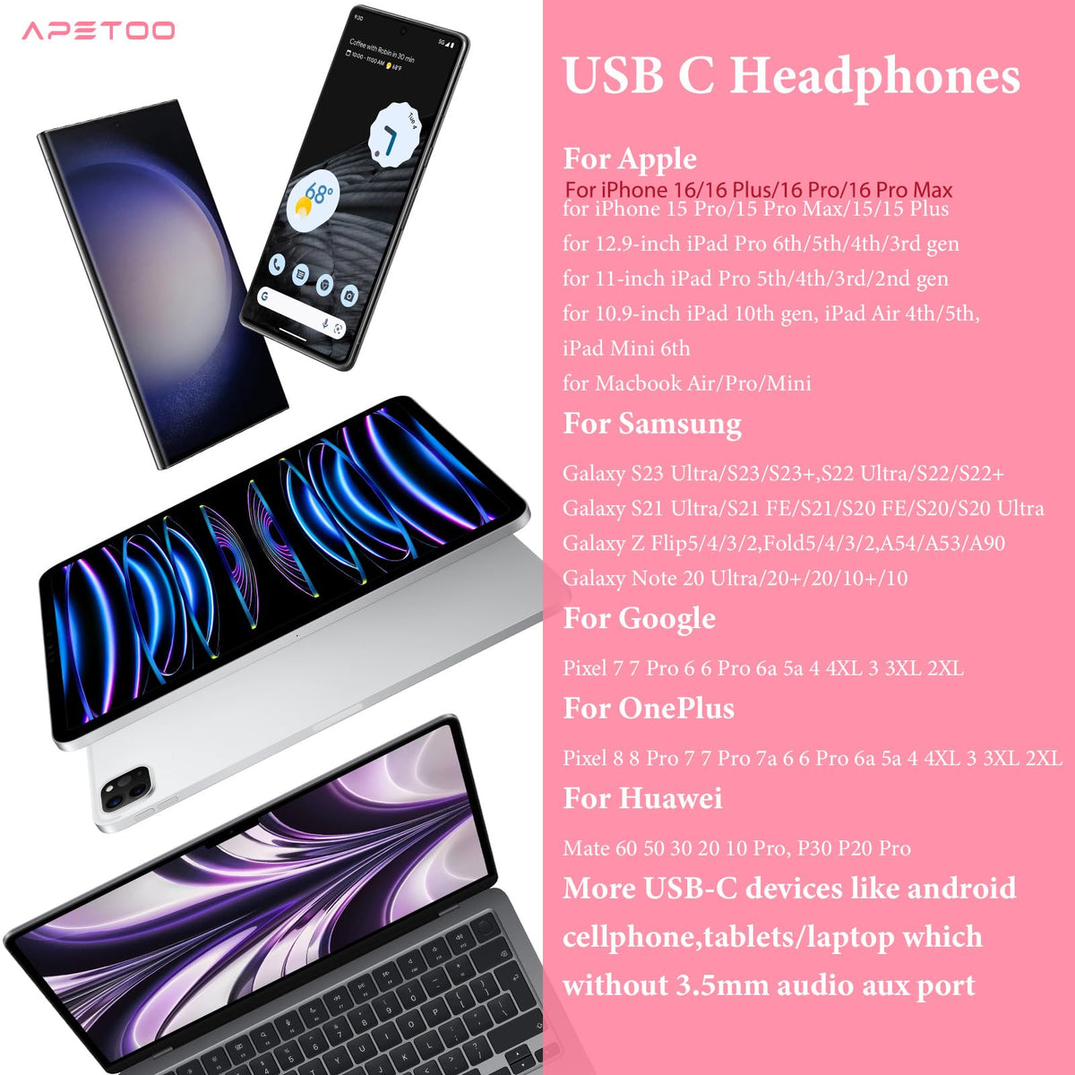 APETOO USB-C headphones wide compatibility across many devices