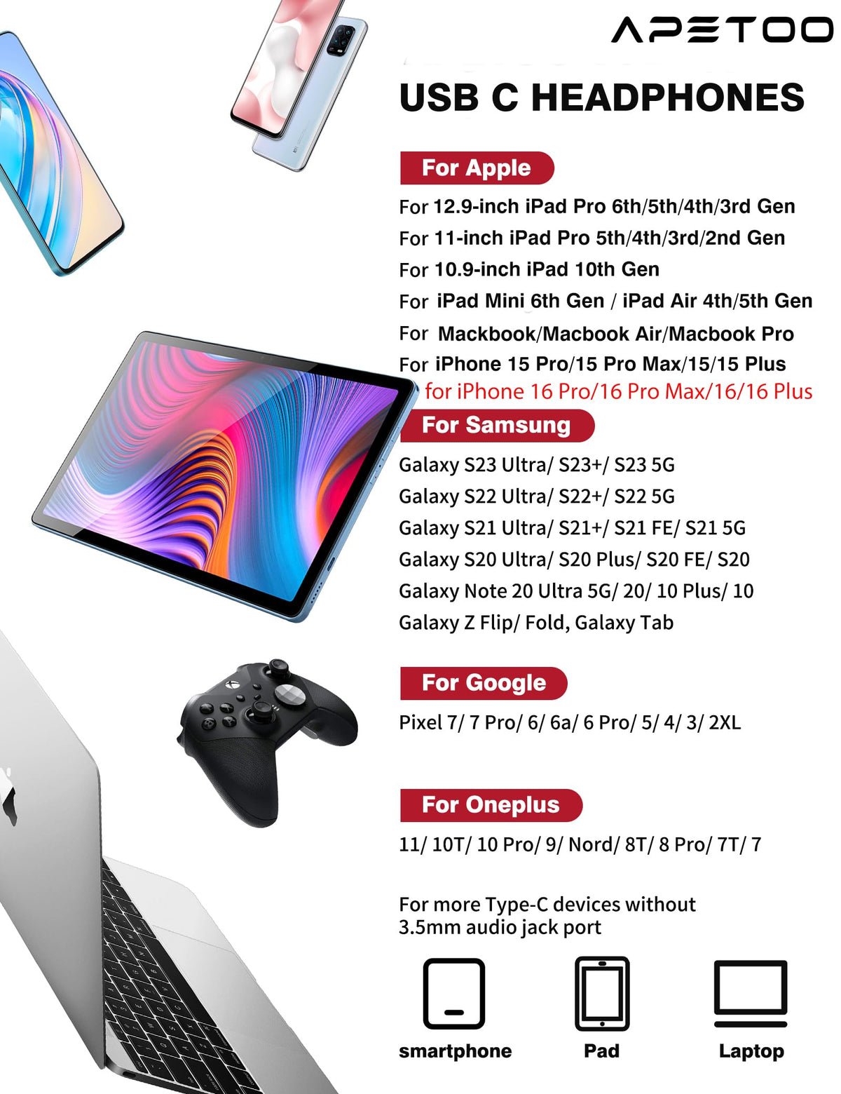 APETOO USB-C headphones wing covers close up for secure wear
