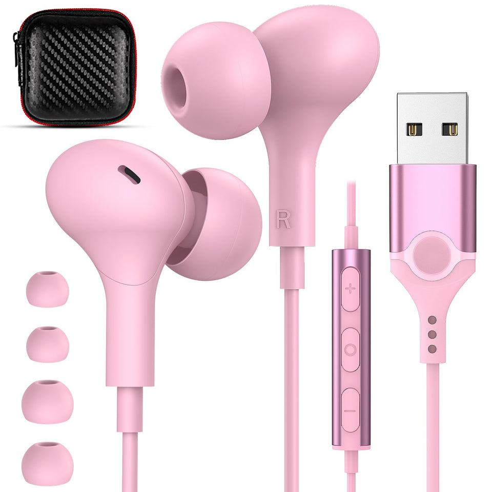 APETOO front view of USB headphones showing plug and earbuds for reliable connectivity