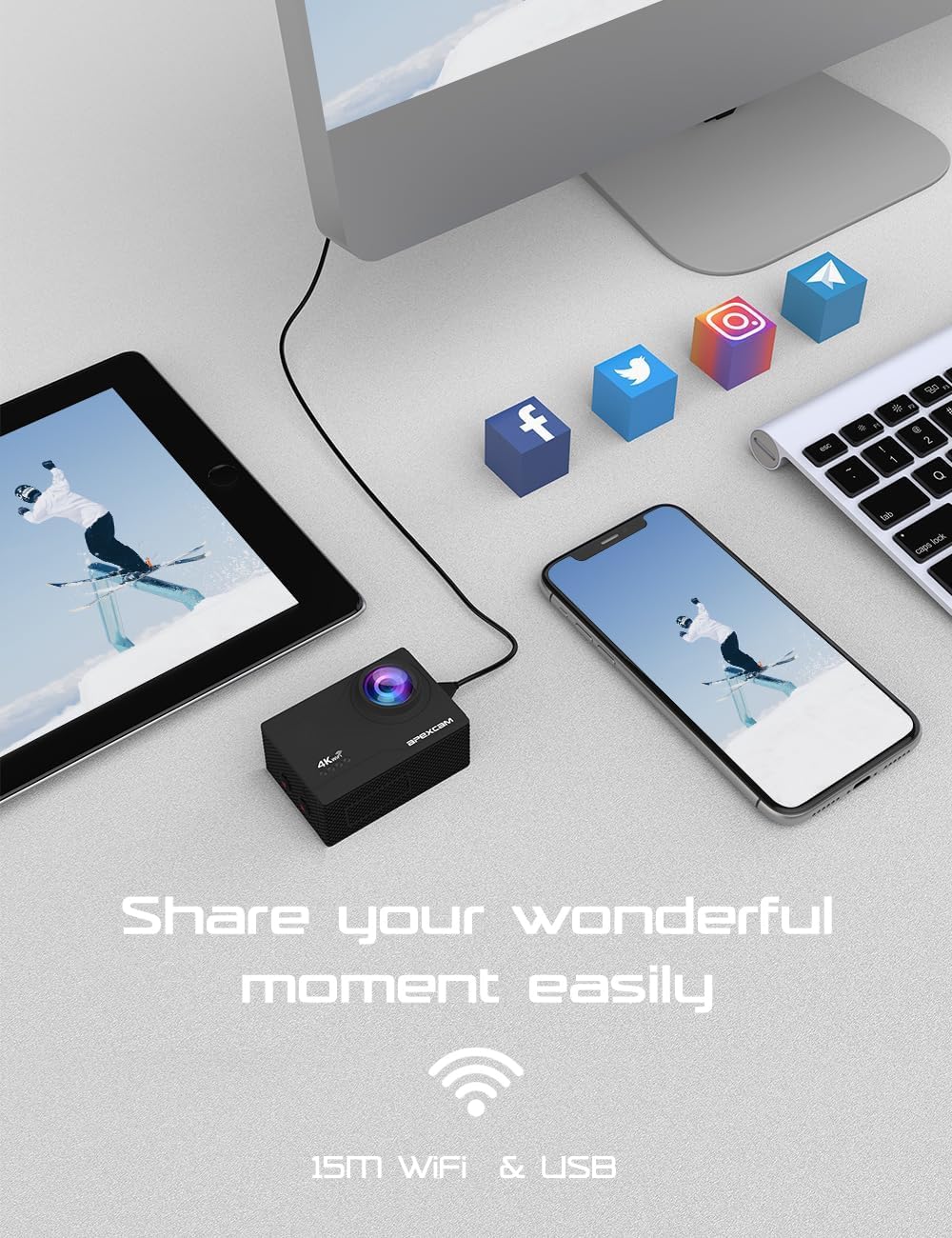 Apexcam M80 AIR dual batteries and charger displayed for longer outings