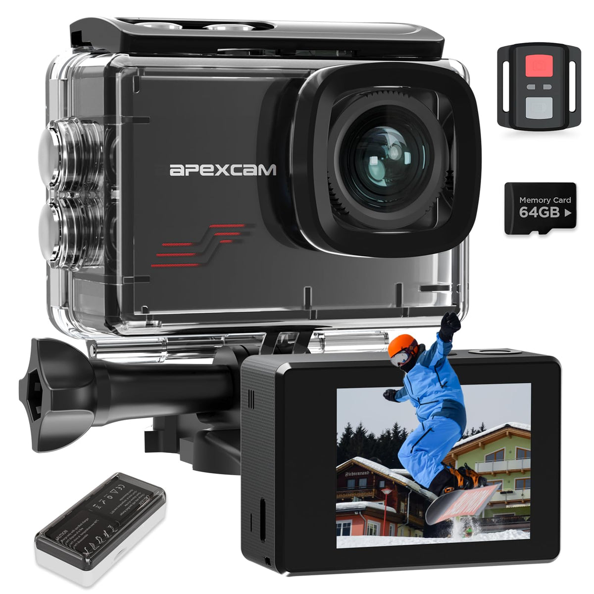 Apexcam M80 front view showing lens and compact body for crisp footage