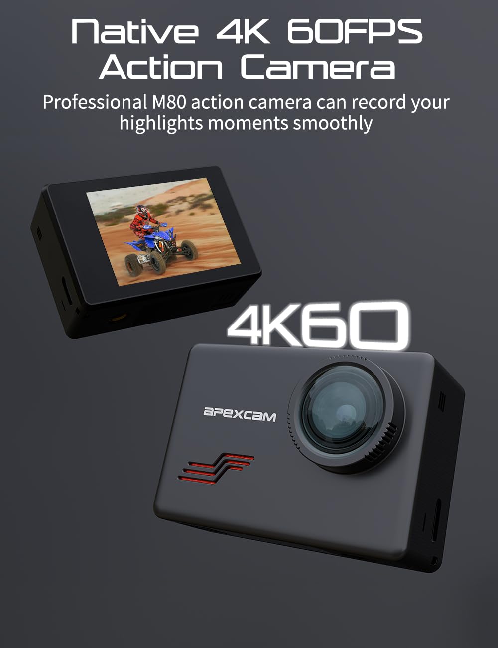 Apexcam M80 waterproof case close-up demonstrating 40m water protection