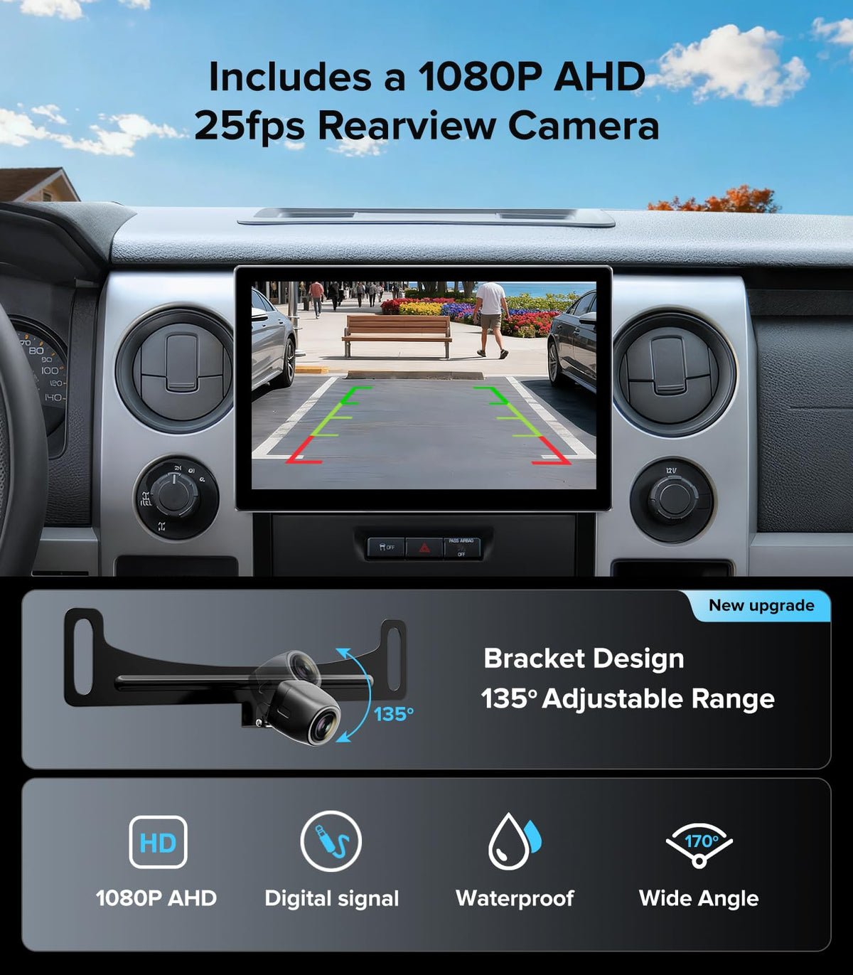ApexNav 1080P backup camera delivers clear guides when reversing.