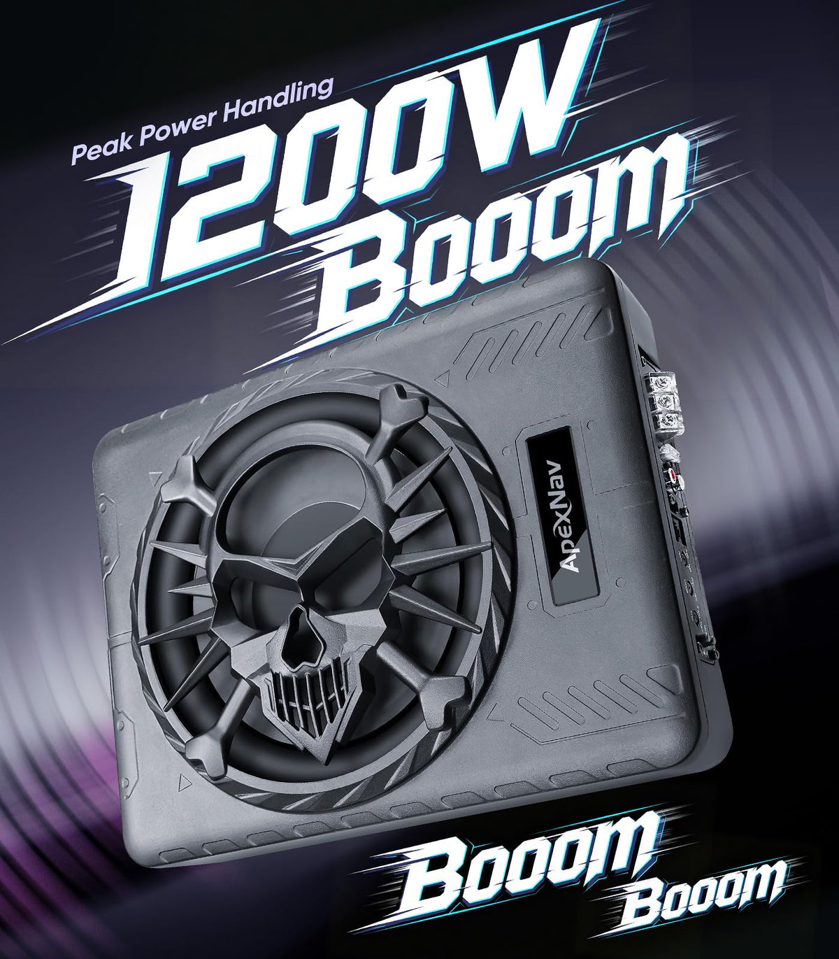 ApexNav 10-inch slim subwoofer side profile showing under-seat fit