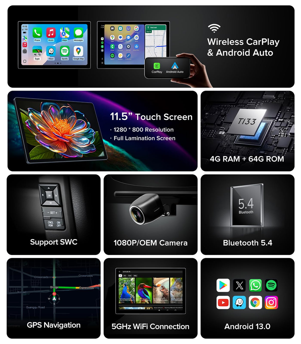 ApexNav Android 13 OS with 4GB RAM and 64GB ROM enables smooth multitasking.