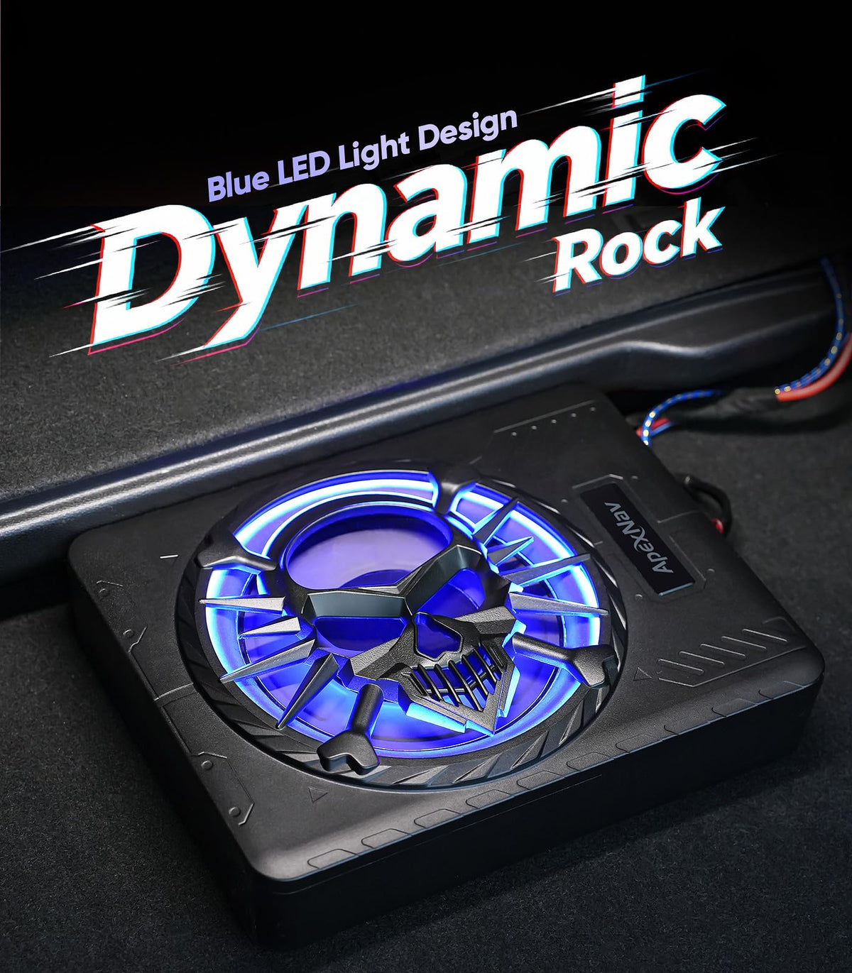 Blue LED ambient ring around ApexNav subwoofer enhances interior mood
