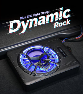 Blue LED ambient ring around ApexNav subwoofer enhances interior mood