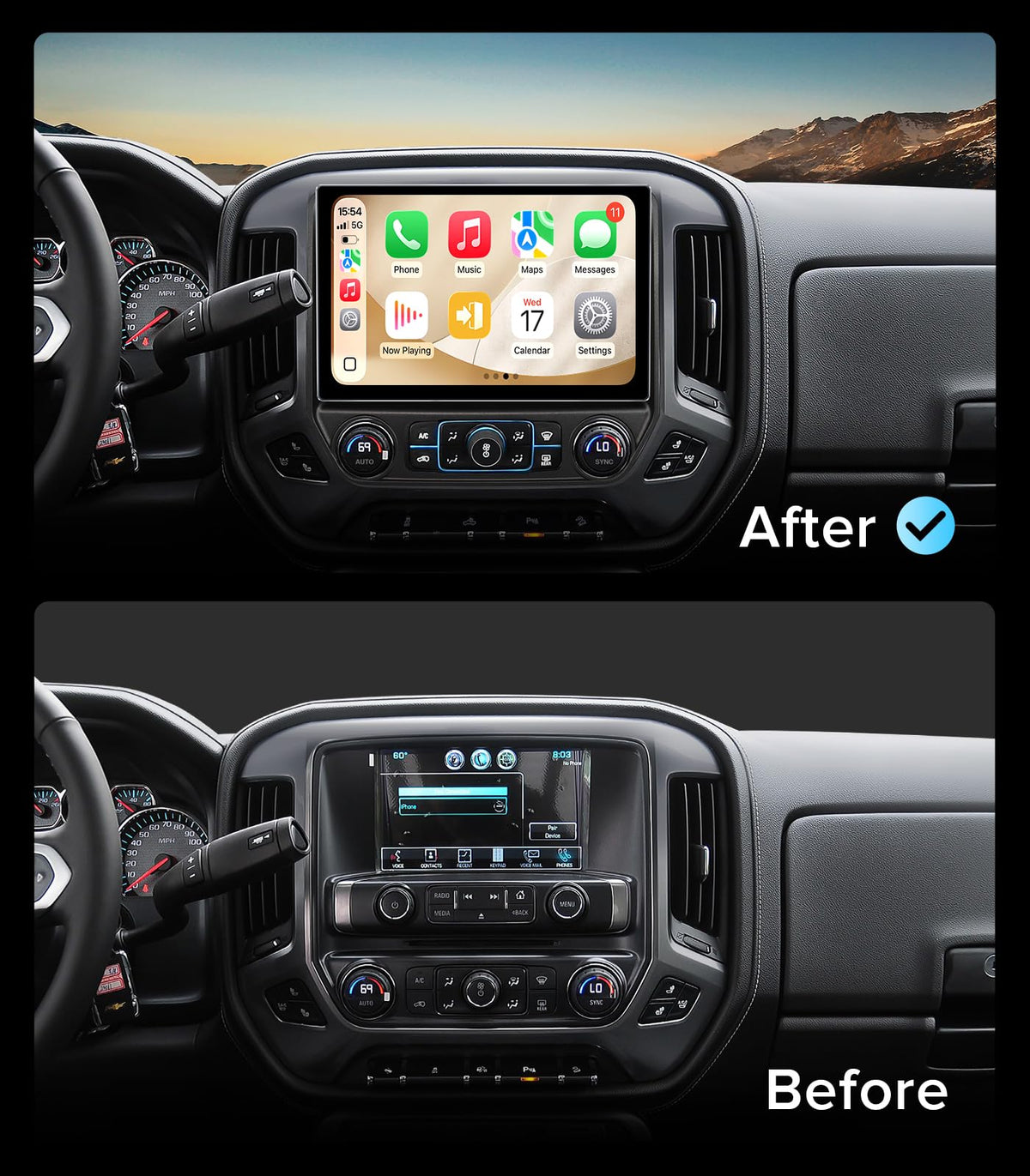 ApexNav Silverado 11.5-inch radio dashboard display close-up.