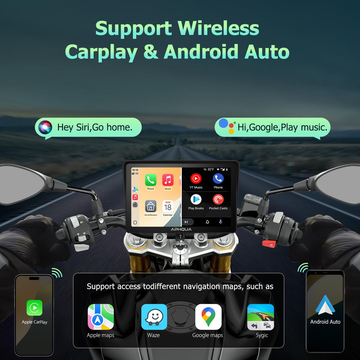 APHQUA 722 CarPlay Android Auto integration enhances on-bike connectivity and hands-free control.