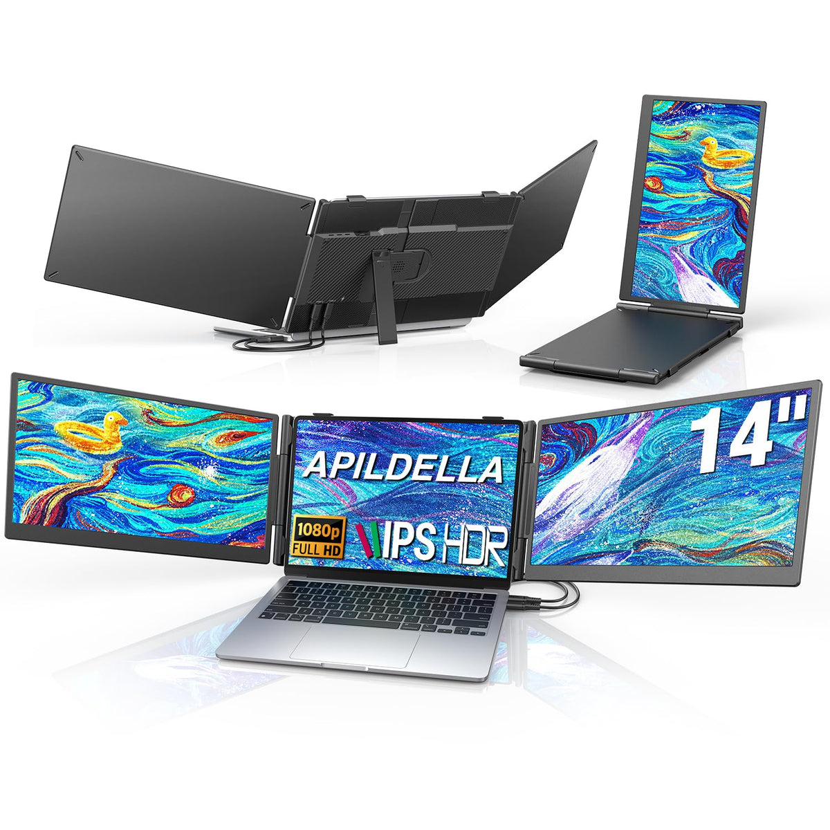 APILDELLA 14-inch triple monitor extender side view for productive multitasking.