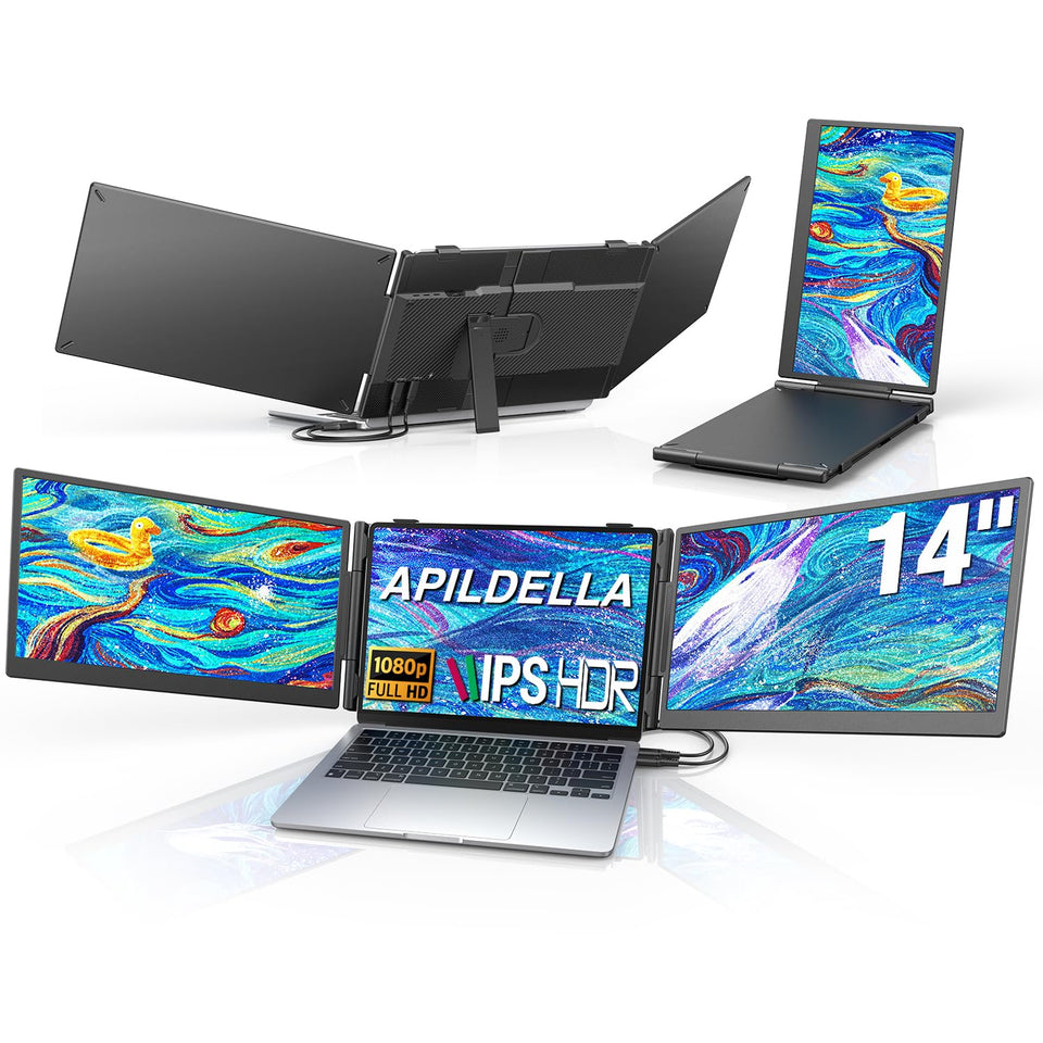 APILDELLA 14-inch triple monitor extender side view for productive multitasking.