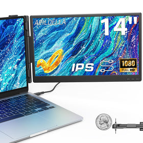 APILDELLA 14-inch dual monitor setup for portable productivity on the go.