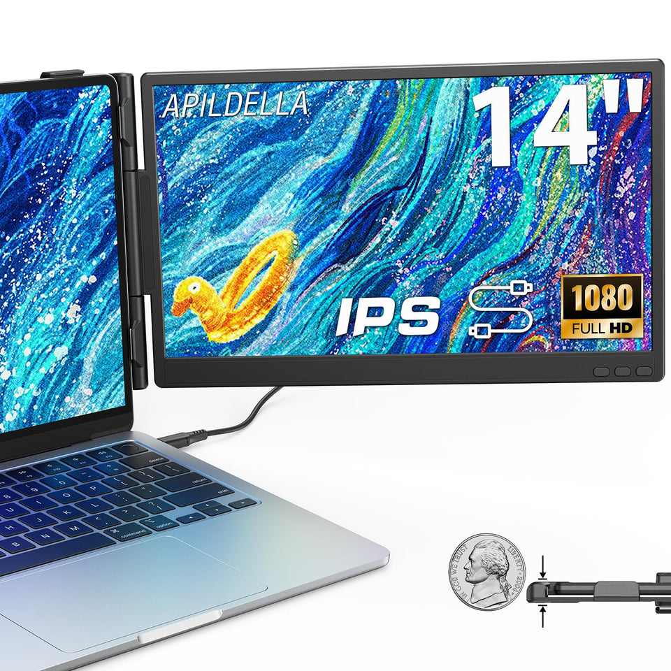 APILDELLA 14-inch dual monitor setup for portable productivity on the go.