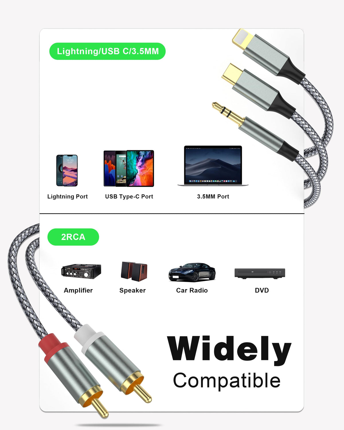 Apitiong Lightning to RCA cable with gold-plated connectors for clear audio