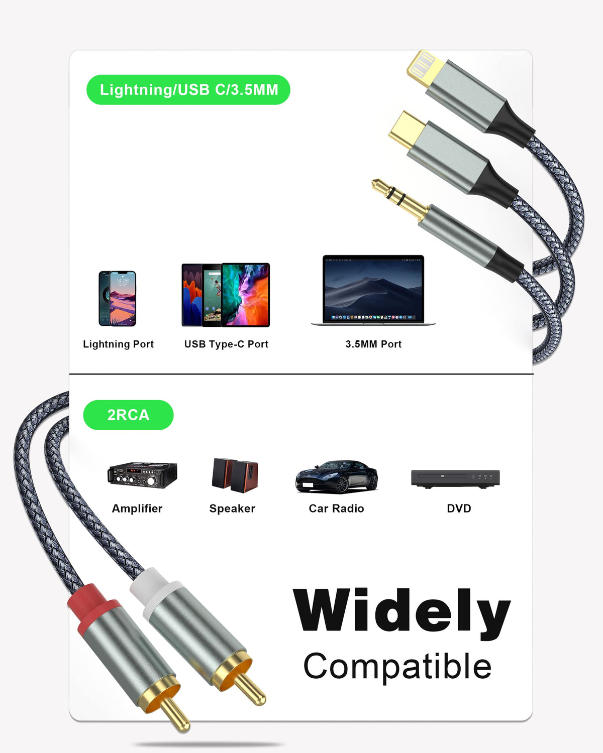 Apitiong USB-C to RCA cable connects modern devices to stereo systems.