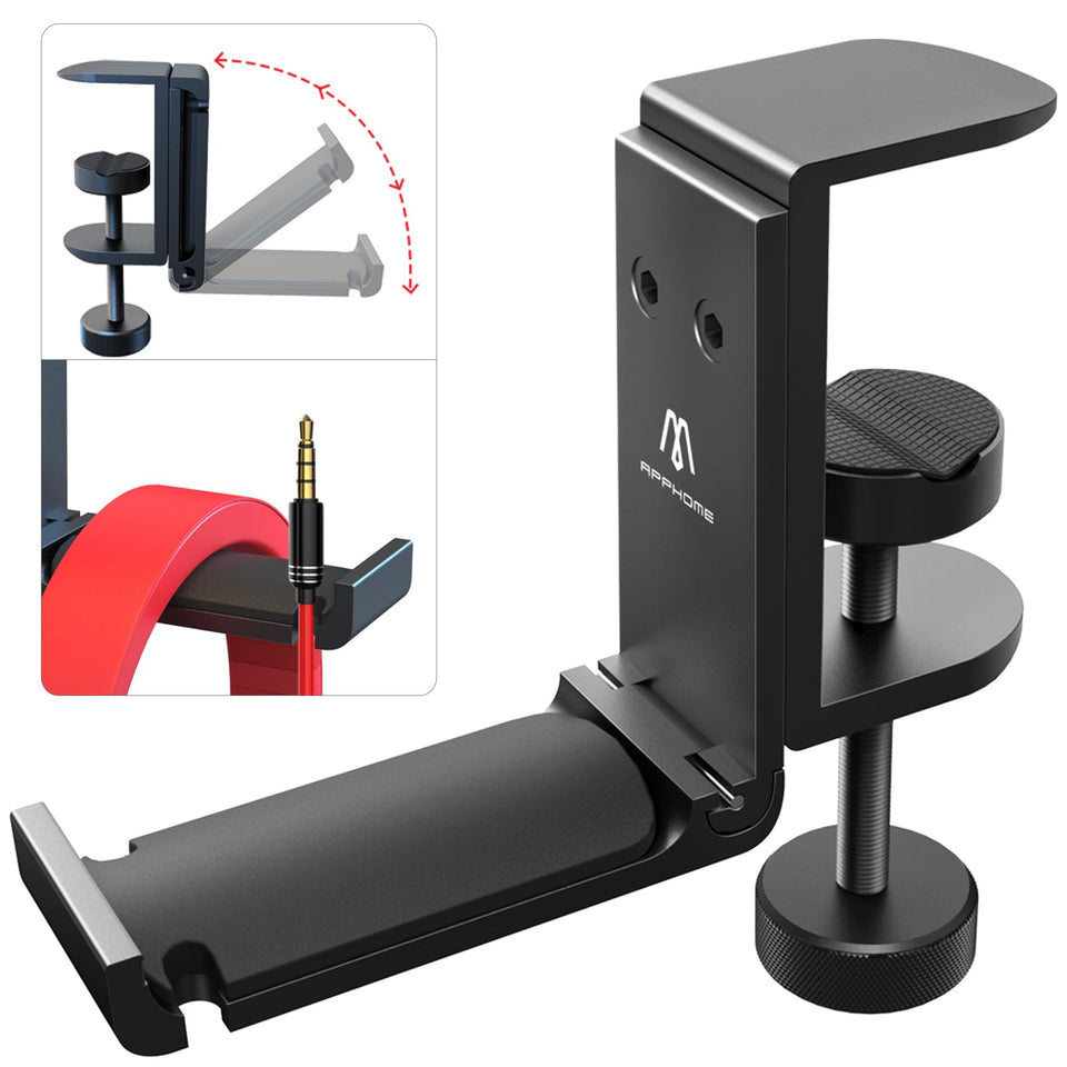 APPHOME foldable under-desk headphone stand keeps your workspace tidy and accessible.
