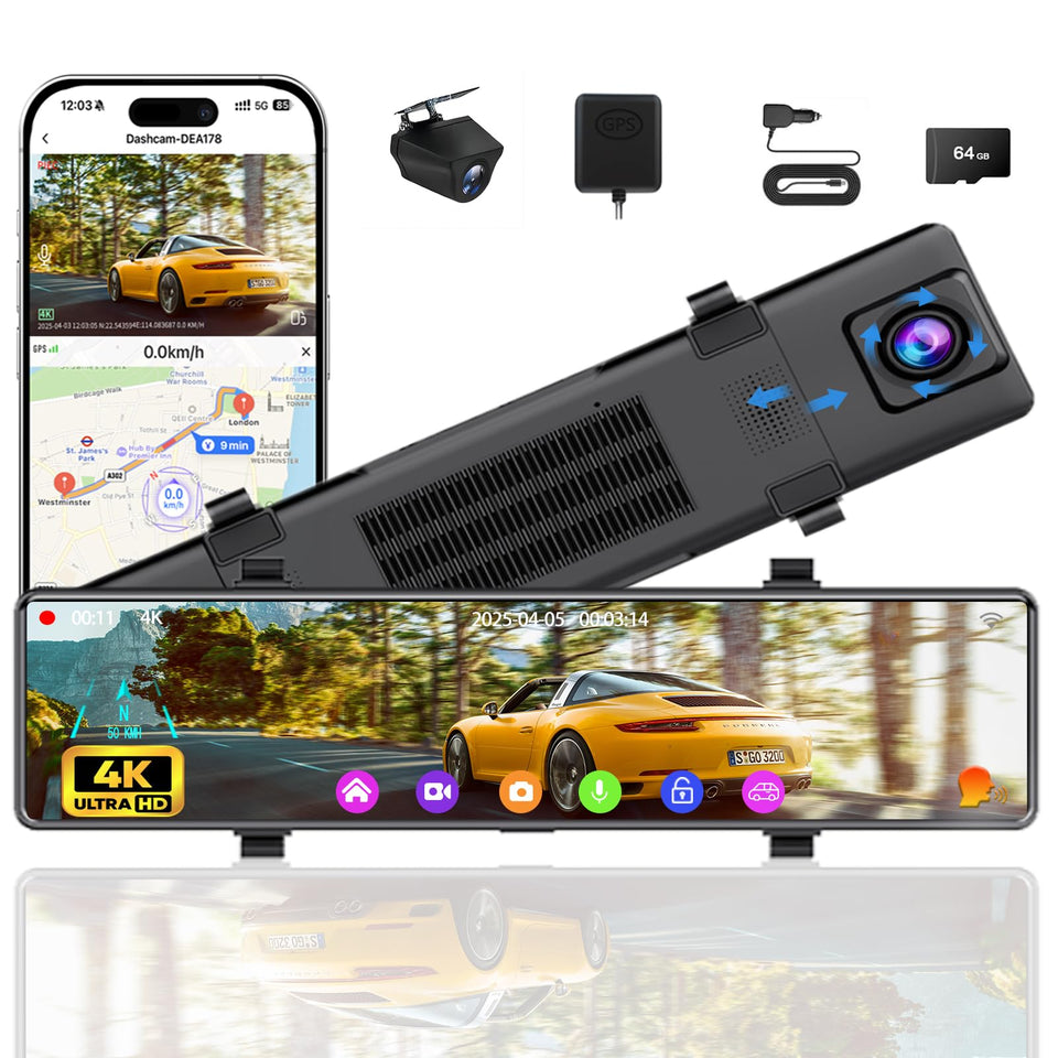 Aprilboy 12-inch mirror dash cam front camera captures crisp 4K footage for safer driving.