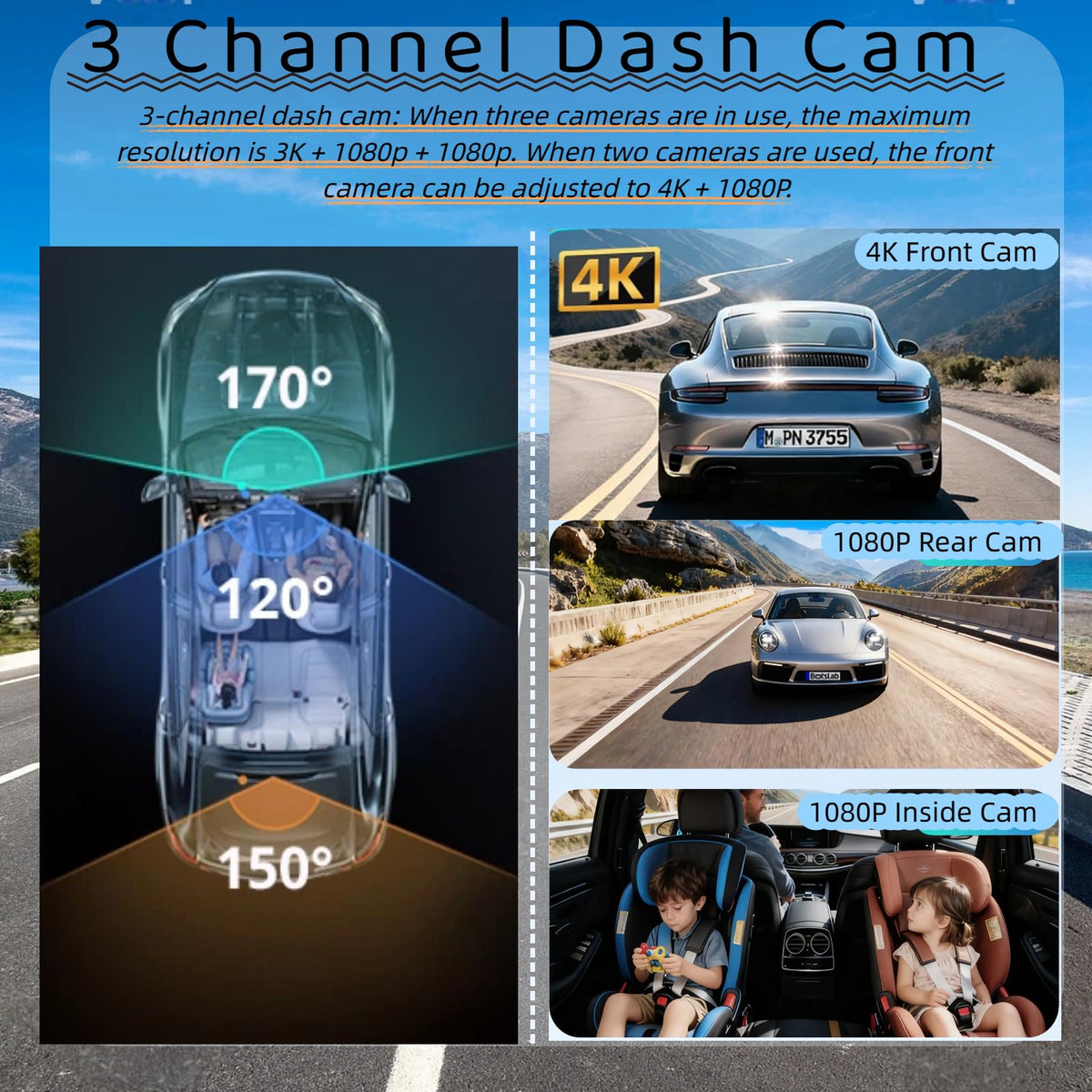 Aprilboy 3-channel dash cam rear 1080p provides clear rear visibility for parking.
