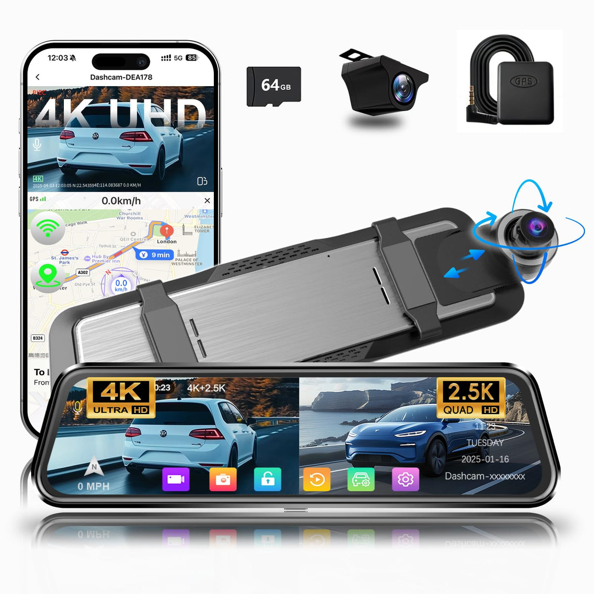 Aprilboy Mirror Dash Cam front 4K view captures crisp road details for safe driving.
