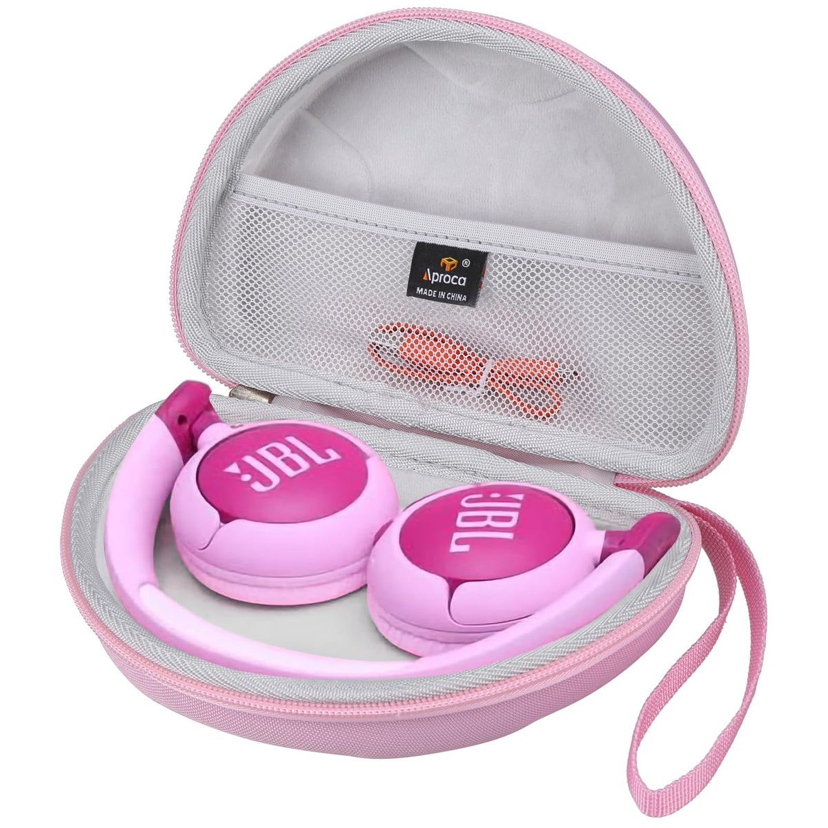 Aproca JBL Junior case pink with a comfortable hand strap for portability.