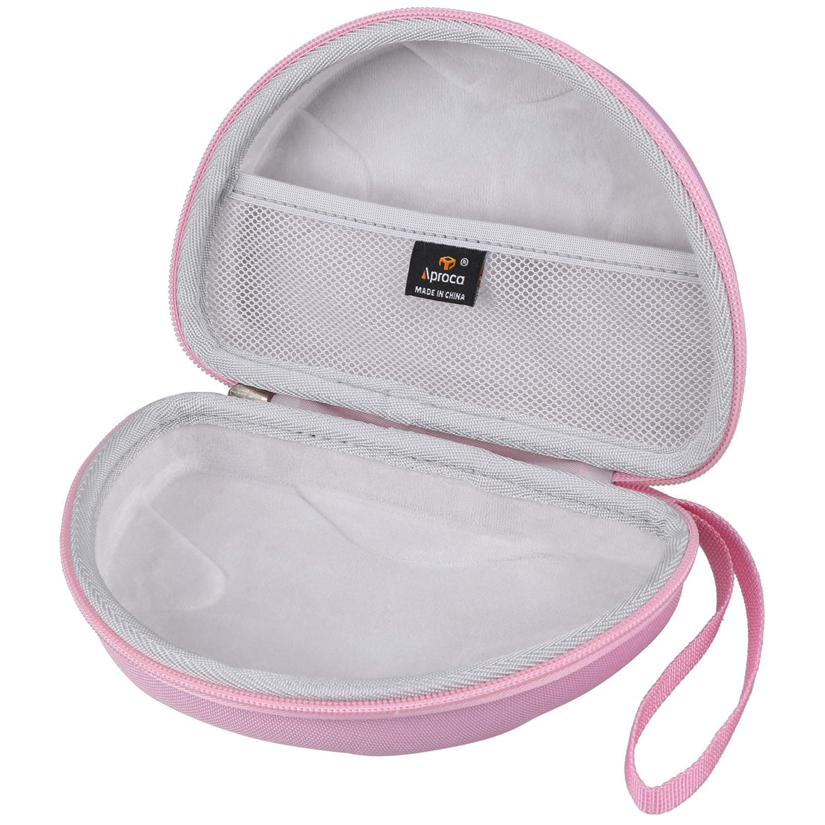 Pink Aproca case shows mesh pocket for accessories organization.