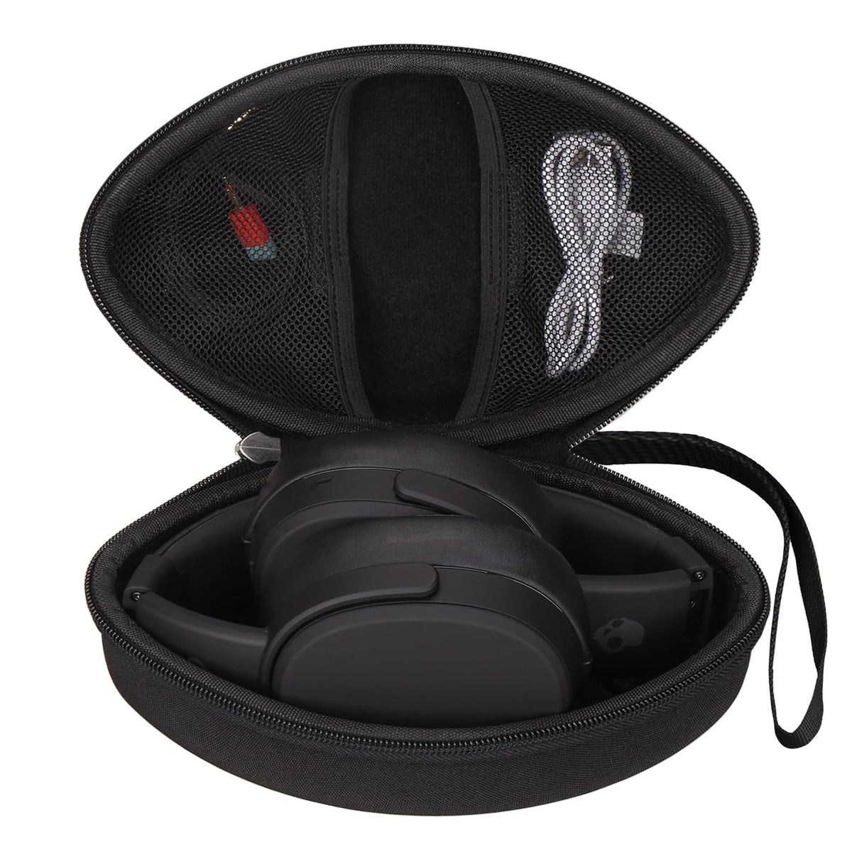 Aproca open case interior with mesh pocket organizing cables and adapter