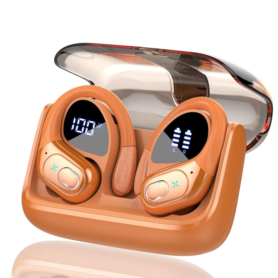 Aptkdoe earbuds cosmic orange front view with charging case showing battery display benefit