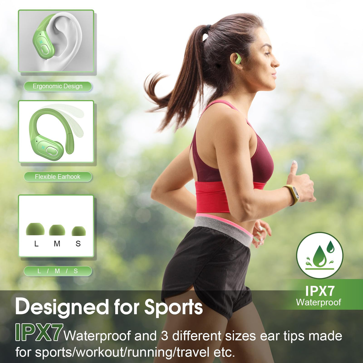 Aptkdoe earhook fit on ear during run, demonstrates secure comfortable hold