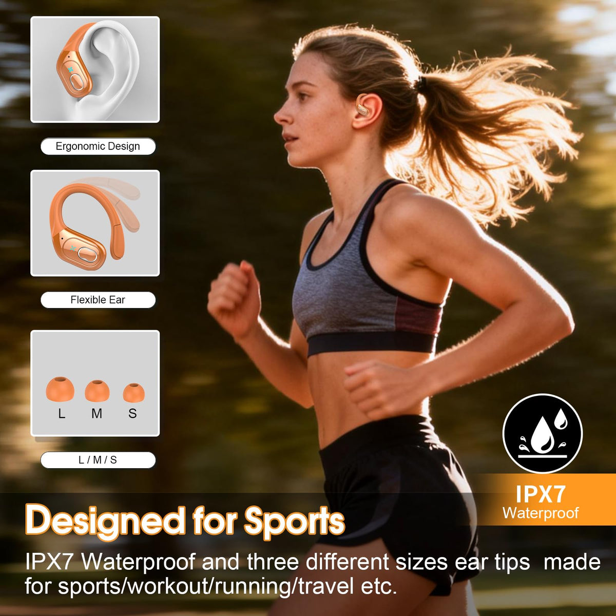 Aptkdoe HD65 flexible TPU earhook close-up demonstrating secure fit for workouts