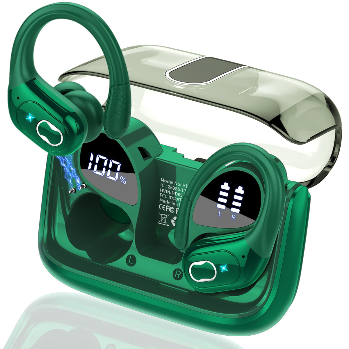 Aptkdoe front packaging showing dark green earbuds and benefits