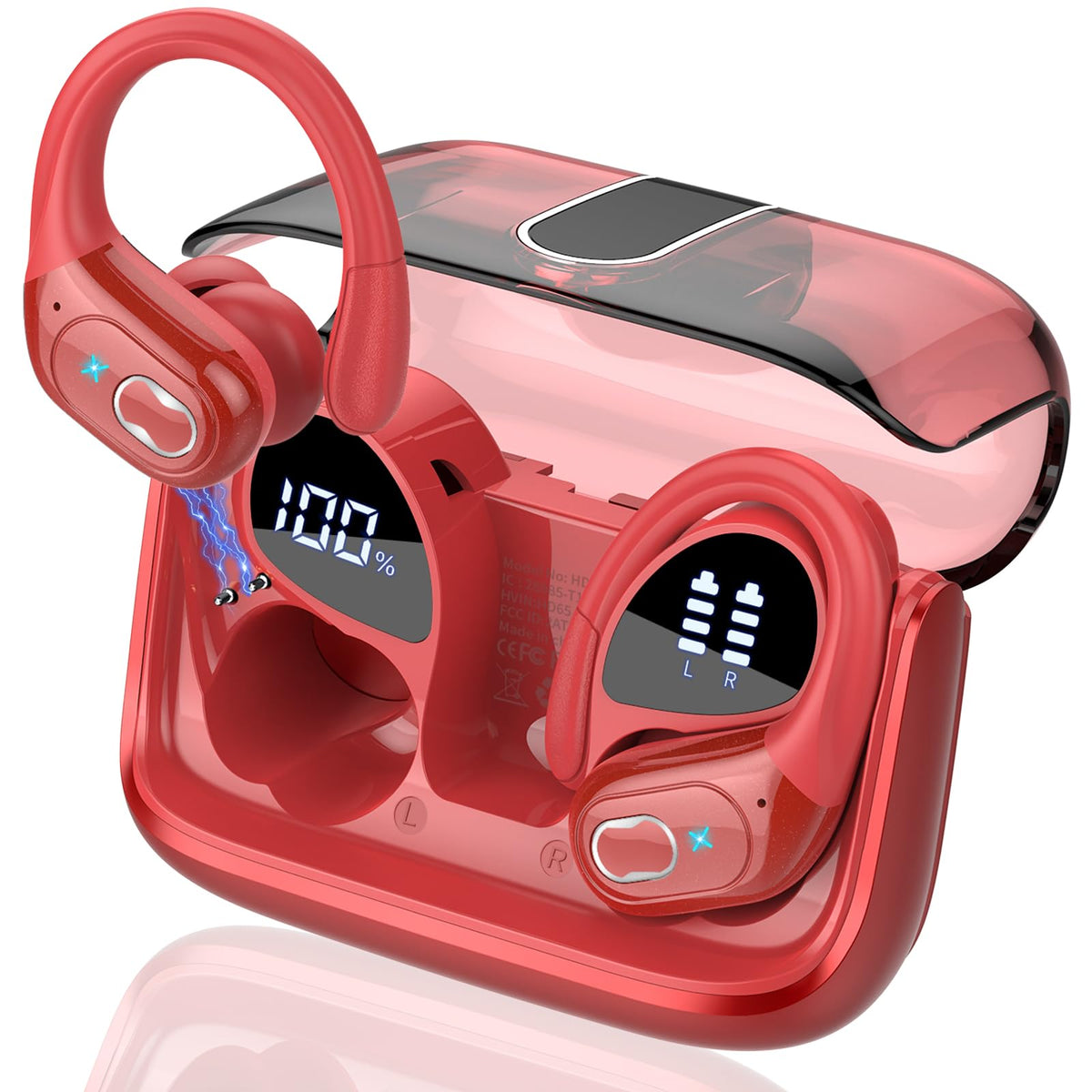 Aptkdoe HD65 front packaging with red earbuds and case, highlights battery life
