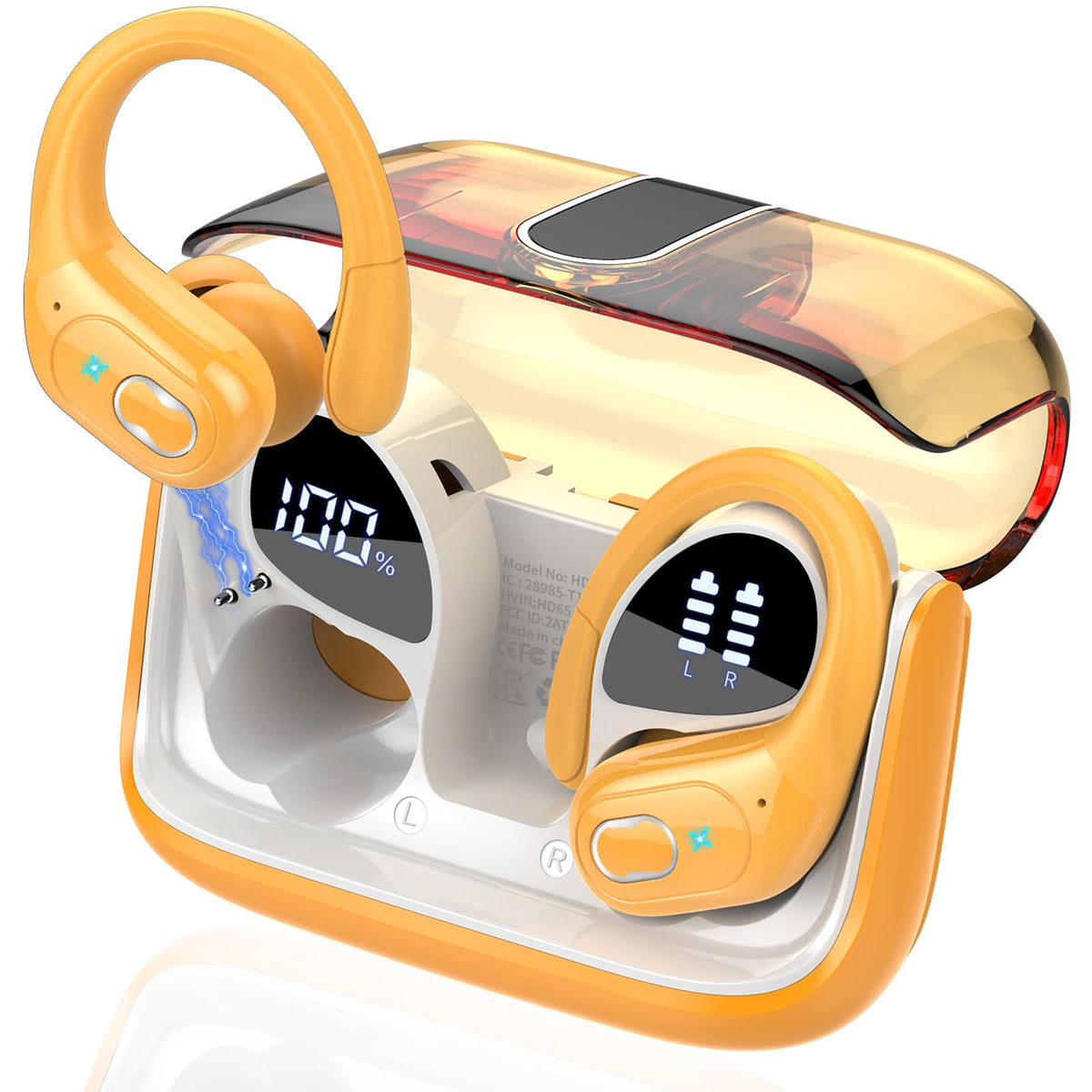 Aptkdoe HD65 front packaging showing earbuds and case, highlights long battery life