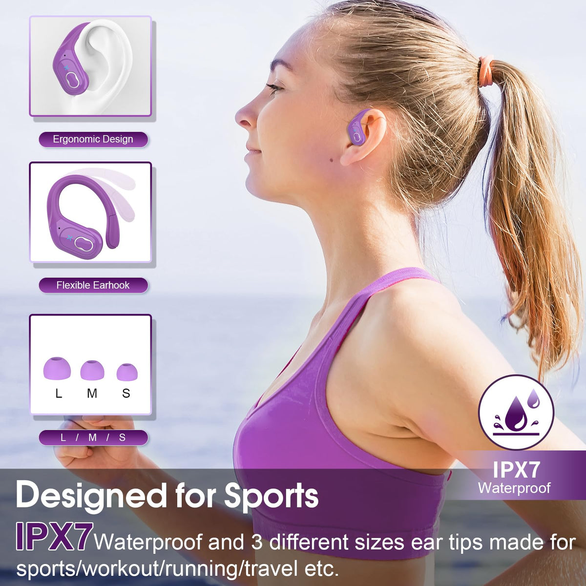 Aptkdoe earbuds in-ear during a run demonstrating stable fit and sweat resistance