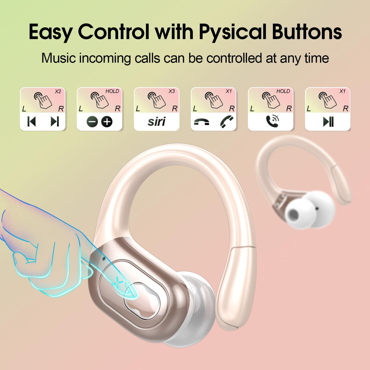 Aptkdoe earbuds beside a hand for scale showing compact, pocketable size