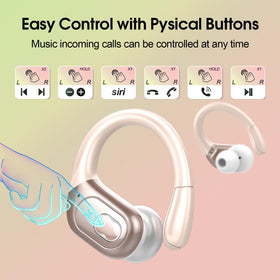 Aptkdoe earbuds beside a hand for scale showing compact, pocketable size