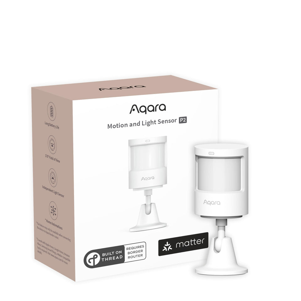 Aqara P2 front view showing compact motion and light sensor, easy automation setup