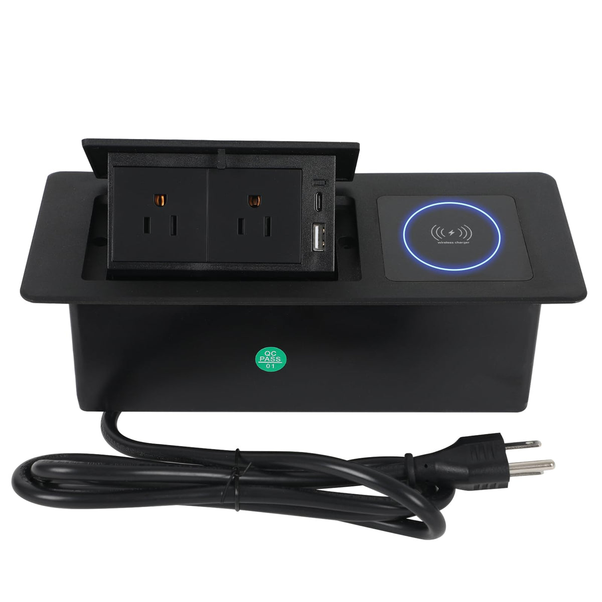AQQHSAIN front view of pop-up outlet showing compact design and clean tabletop benefit