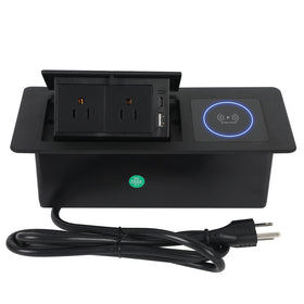 AQQHSAIN front view of pop-up outlet showing compact design and clean tabletop benefit